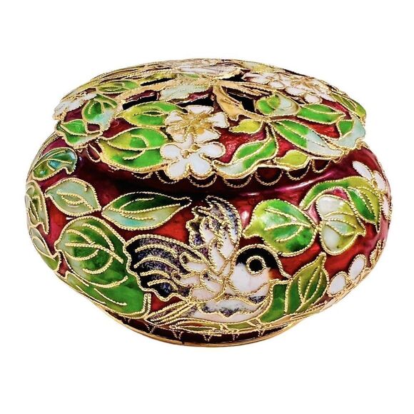 Vintage Cloisonné Enamel Keepsake Bird Flower Trinket Box Potpourri Incense - Picture 1 of 14